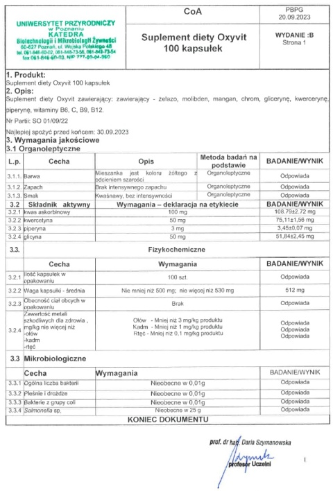 OXYvit - Żelazo, Molibden, Mangan, Chrom, Witaminy C, B6, B9, B12, Kwercetyna, Glicyna, Piperyna 100 kapsułek OXYvit - Żelazo, Molibden, Mangan, Chrom, Witaminy C, B6, B9, B12, Kwercetyna, Glicyna, Piperyna 100 kapsułek